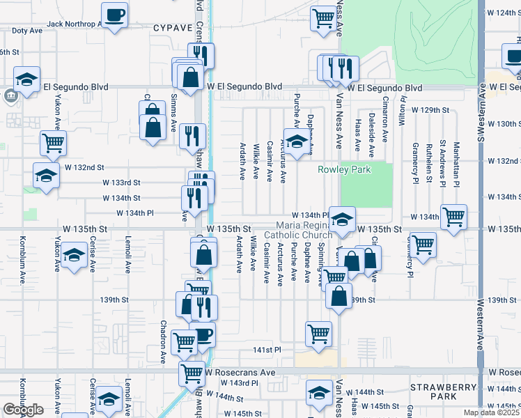 map of restaurants, bars, coffee shops, grocery stores, and more near 13401 Wilkie Avenue in Gardena