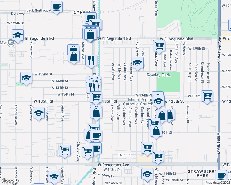 map of restaurants, bars, coffee shops, grocery stores, and more near 13401 Wilkie Avenue in Gardena