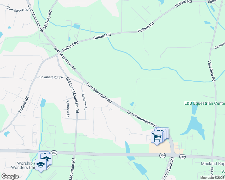 map of restaurants, bars, coffee shops, grocery stores, and more near 1849 Lost Mountain Road in Powder Springs