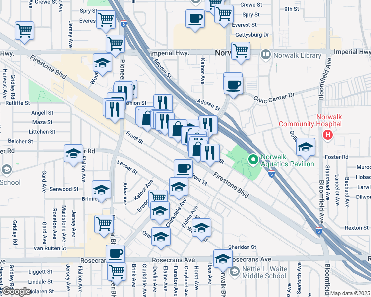 map of restaurants, bars, coffee shops, grocery stores, and more near 12001 Firestone Boulevard in Norwalk