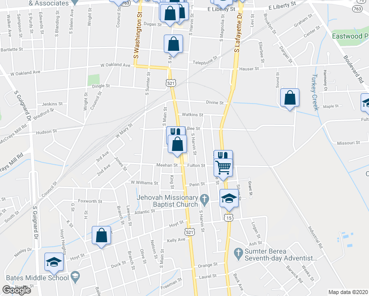 map of restaurants, bars, coffee shops, grocery stores, and more near 323 Manning Avenue in Sumter