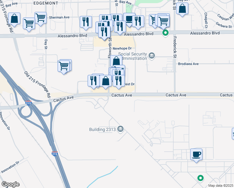 map of restaurants, bars, coffee shops, grocery stores, and more near 22750 Cactus Avenue in Moreno Valley