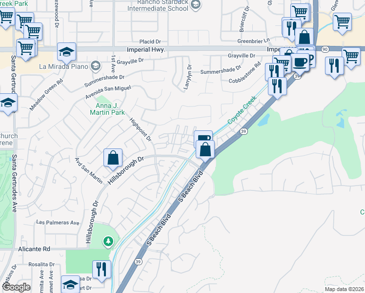 map of restaurants, bars, coffee shops, grocery stores, and more near 16521 Stonehaven Court in La Mirada