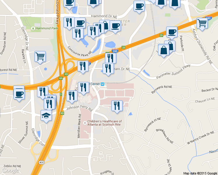 map of restaurants, bars, coffee shops, grocery stores, and more near 5673 Peachtree Dunwoody Road Northeast in Atlanta