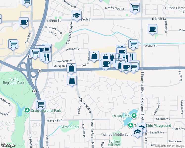 map of restaurants, bars, coffee shops, grocery stores, and more near 2149 Studio Drive in Brea
