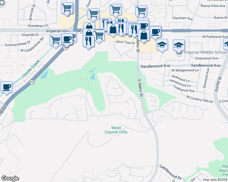 map of restaurants, bars, coffee shops, grocery stores, and more near 1460 West Boros Court in La Habra