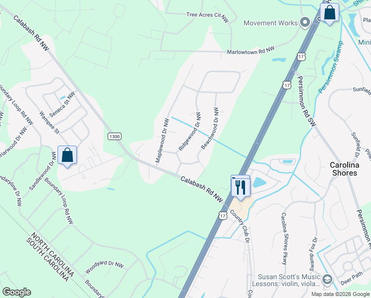 map of restaurants, bars, coffee shops, grocery stores, and more near 311-315 Ridgewood Drive Northwest in Calabash