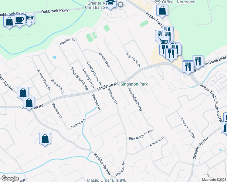 map of restaurants, bars, coffee shops, grocery stores, and more near 1268 Seattle Slew Lane Northwest in Norcross