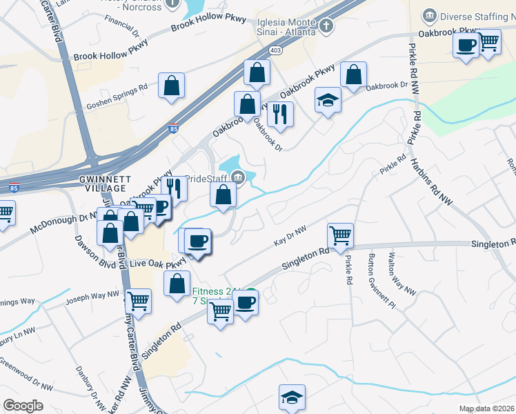 map of restaurants, bars, coffee shops, grocery stores, and more near 5989 Brookside Oak Circle in Norcross
