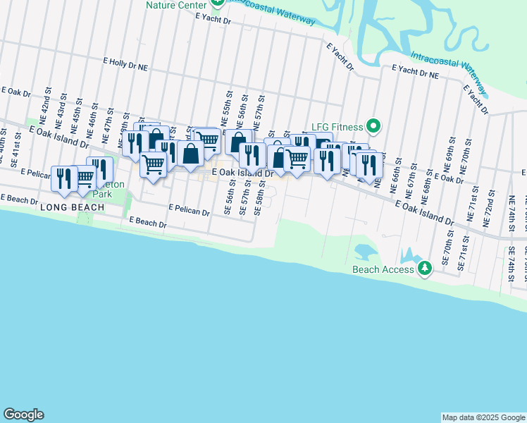 map of restaurants, bars, coffee shops, grocery stores, and more near 120 Southeast 58th Street in Oak Island