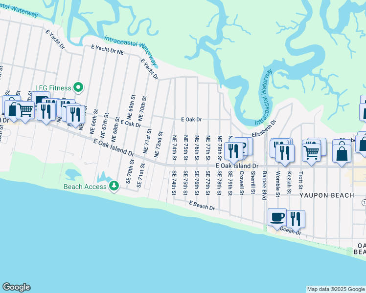map of restaurants, bars, coffee shops, grocery stores, and more near 117 Northeast 75th Street in Oak Island