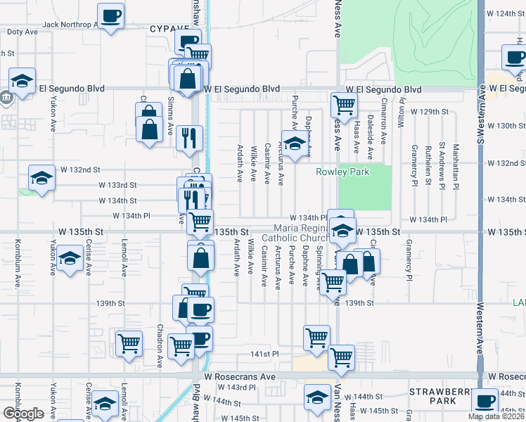 map of restaurants, bars, coffee shops, grocery stores, and more near 13409 Casimir Avenue in Gardena