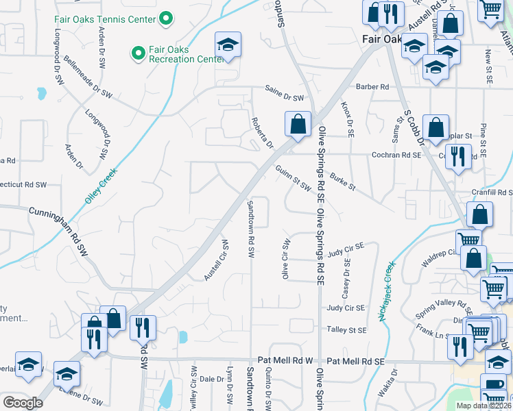 map of restaurants, bars, coffee shops, grocery stores, and more near 1763 Austell Road Southwest in Marietta