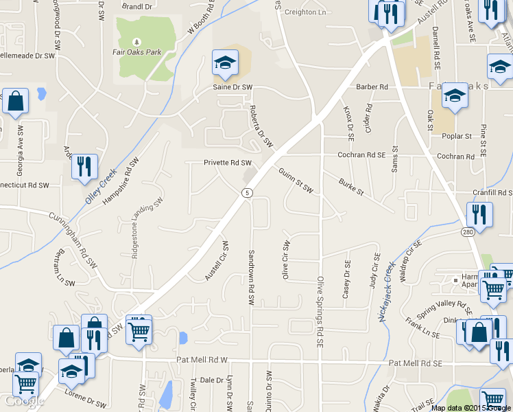 map of restaurants, bars, coffee shops, grocery stores, and more near 1763 Sandtown Road Southwest in Marietta