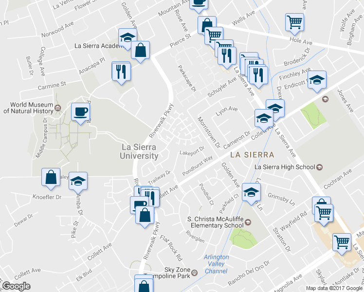 map of restaurants, bars, coffee shops, grocery stores, and more near 11376 Riverpass Court in Riverside