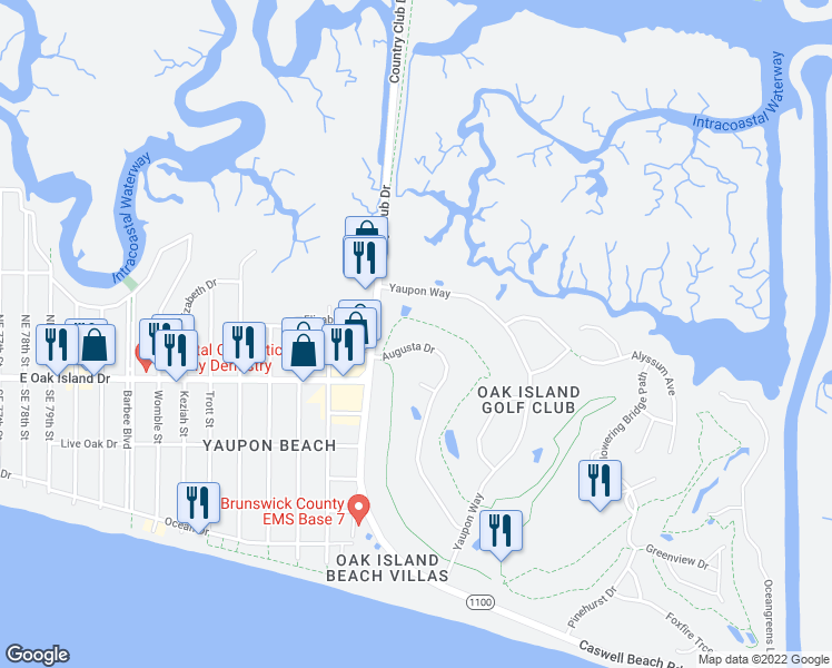 map of restaurants, bars, coffee shops, grocery stores, and more near 5 Augusta Drive in Oak Island