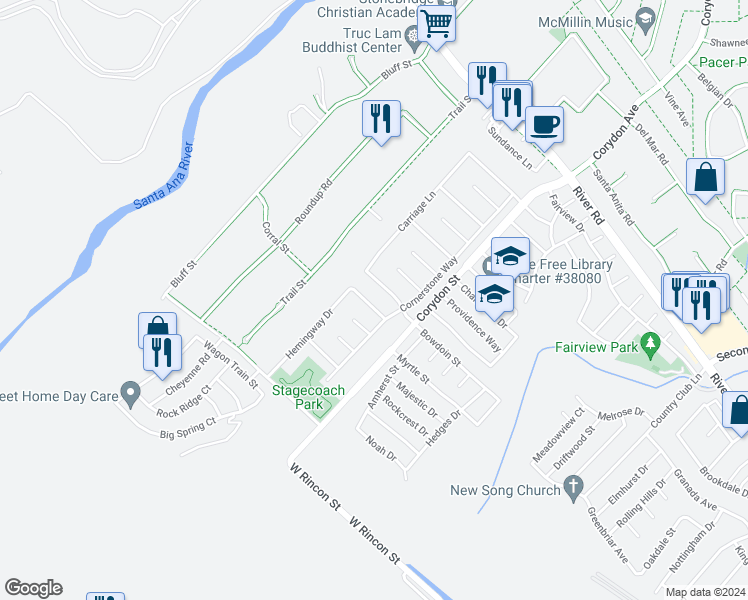 map of restaurants, bars, coffee shops, grocery stores, and more near 2139 Whitman Way in Corona