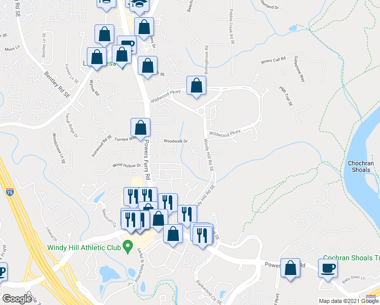 map of restaurants, bars, coffee shops, grocery stores, and more near 3096 Woodwalk Drive in Atlanta