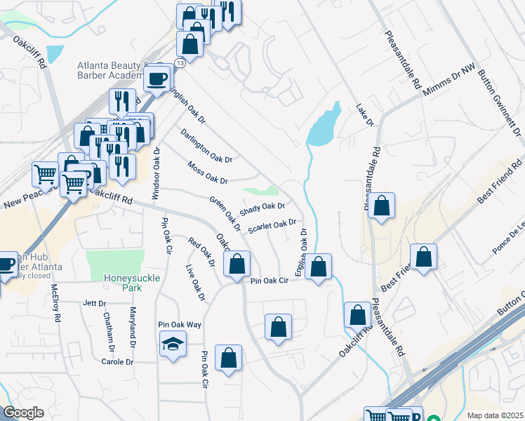 map of restaurants, bars, coffee shops, grocery stores, and more near 3291 Shady Oak Drive in Doraville