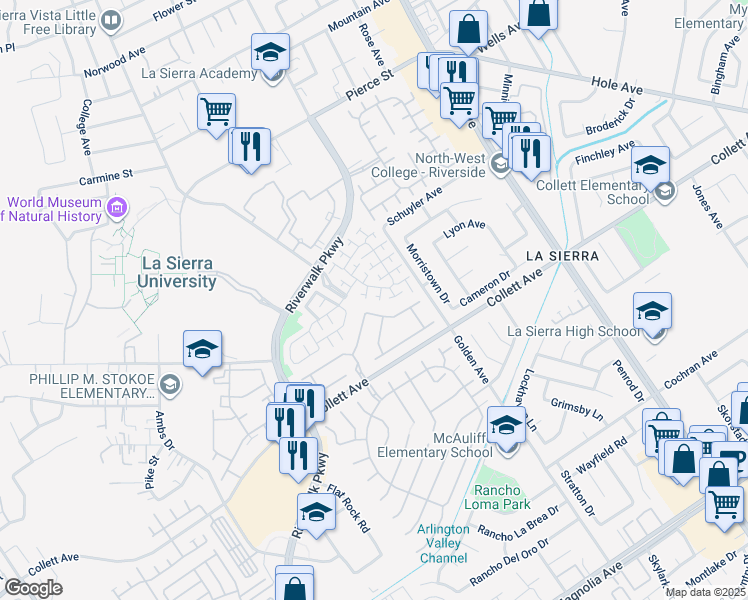 map of restaurants, bars, coffee shops, grocery stores, and more near 11376 Riverpass Court in Riverside