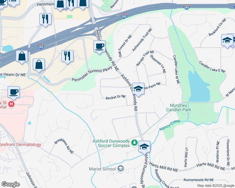 map of restaurants, bars, coffee shops, grocery stores, and more near 1312 Becket Drive Northeast in Atlanta