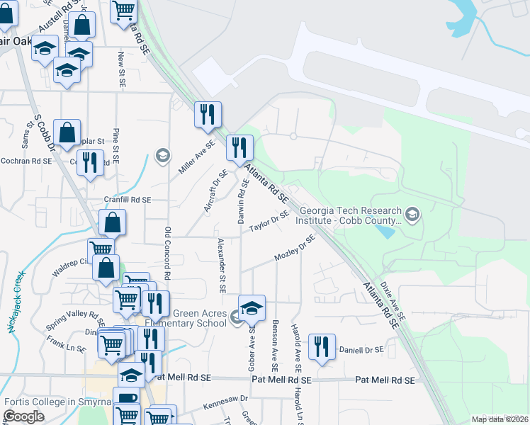 map of restaurants, bars, coffee shops, grocery stores, and more near 753 Taylor Drive Southeast in Smyrna