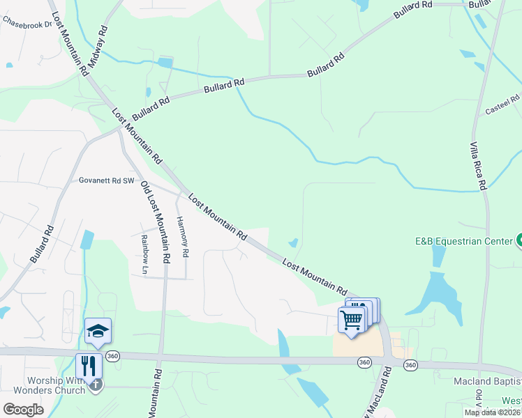 map of restaurants, bars, coffee shops, grocery stores, and more near 1849 Lost Mountain Road in Powder Springs