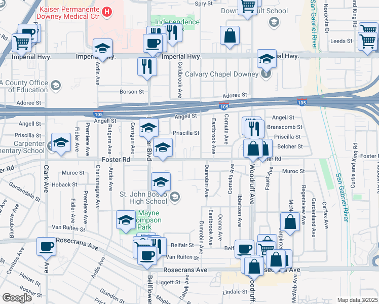 map of restaurants, bars, coffee shops, grocery stores, and more near 9837 Foster Road in Downey
