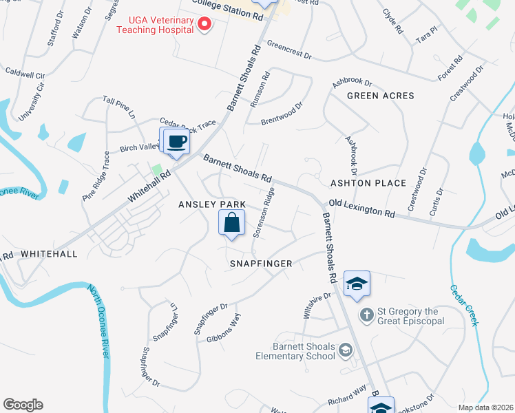 map of restaurants, bars, coffee shops, grocery stores, and more near 110 Wakefield Trce in Athens