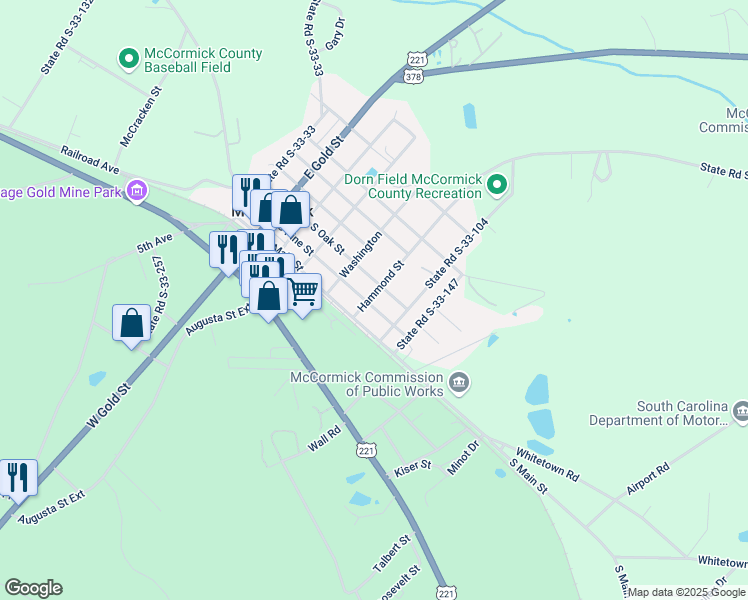 map of restaurants, bars, coffee shops, grocery stores, and more near 500 South Pine Street in McCormick