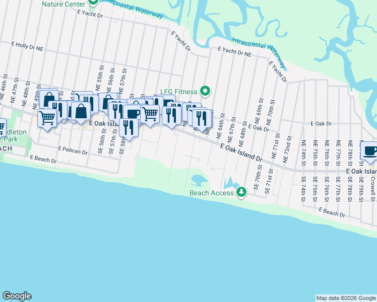 map of restaurants, bars, coffee shops, grocery stores, and more near 6321 East Oak Drive in Oak Island
