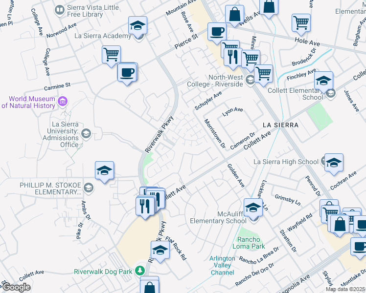 map of restaurants, bars, coffee shops, grocery stores, and more near 11390 Garden Point Court in Riverside