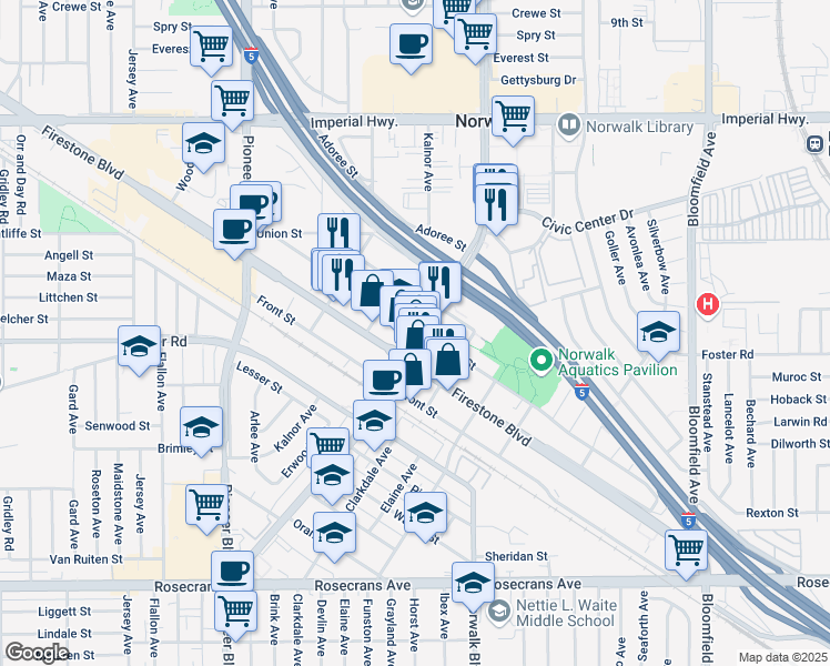 map of restaurants, bars, coffee shops, grocery stores, and more near 12034 Sproul Street in Norwalk