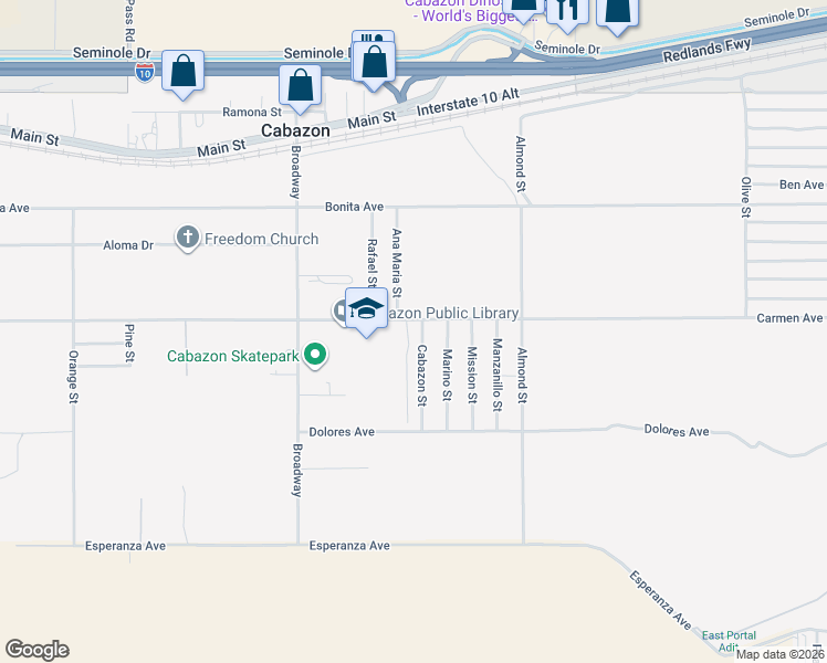 map of restaurants, bars, coffee shops, grocery stores, and more near 14508 Cabazon Street in Cabazon