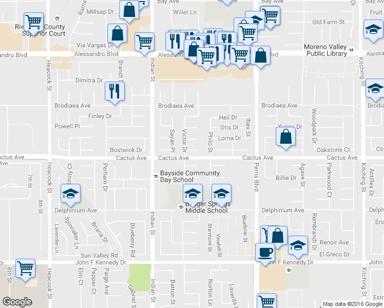 map of restaurants, bars, coffee shops, grocery stores, and more near 24731 Merit Court in Moreno Valley