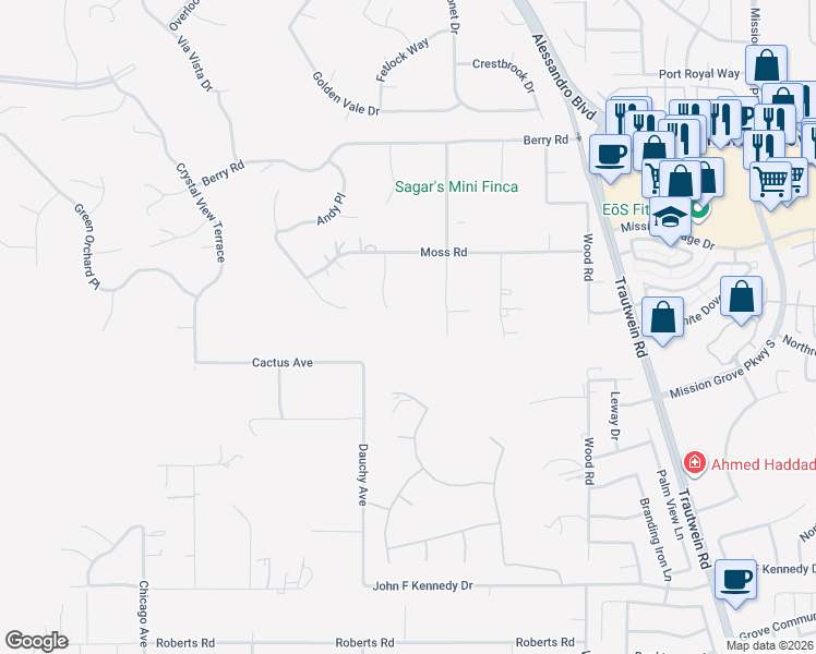 map of restaurants, bars, coffee shops, grocery stores, and more near 14448 Merlot Court in Riverside