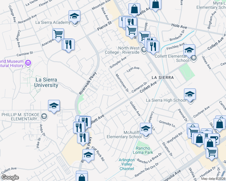map of restaurants, bars, coffee shops, grocery stores, and more near 4437 Watermoor Drive in Riverside