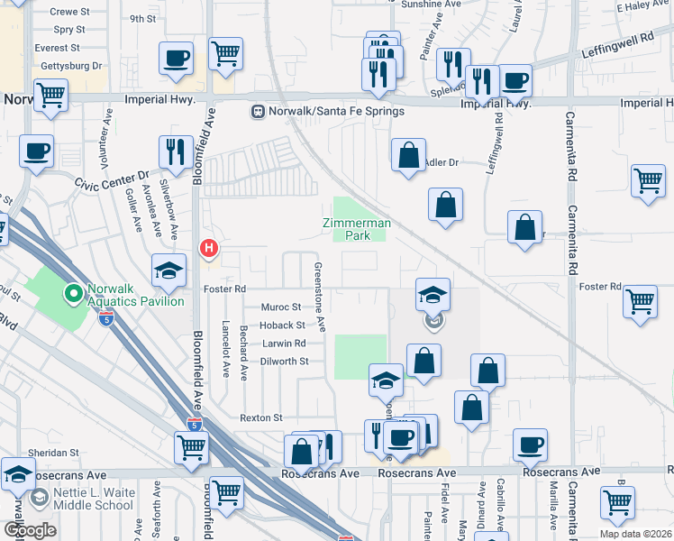 map of restaurants, bars, coffee shops, grocery stores, and more near 12903 Belcher Street in Norwalk