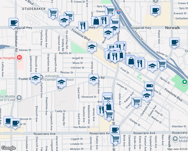 map of restaurants, bars, coffee shops, grocery stores, and more near 13306 Jersey Avenue in Norwalk
