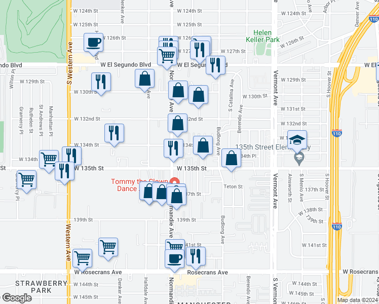 map of restaurants, bars, coffee shops, grocery stores, and more near 1302 West 134th Street in Gardena