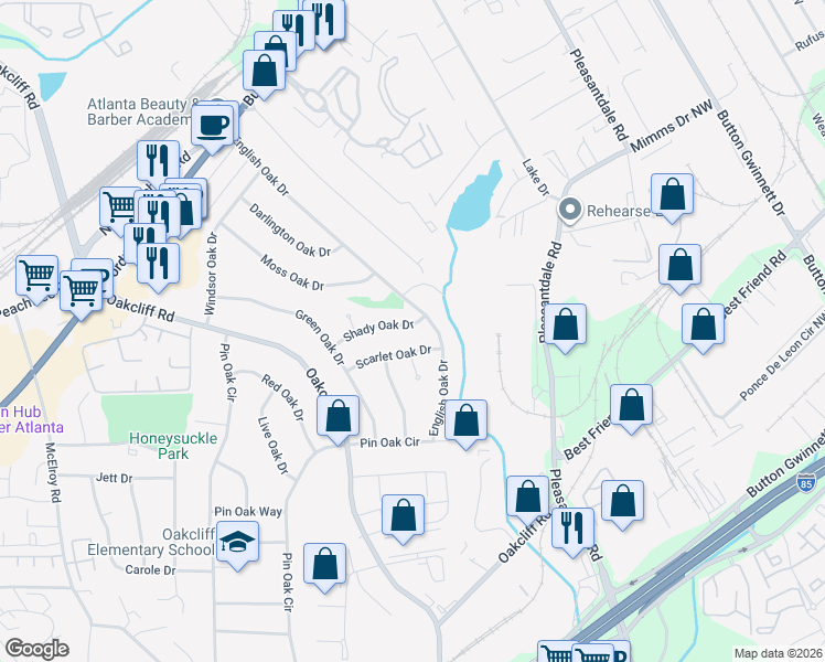 map of restaurants, bars, coffee shops, grocery stores, and more near 3335 Shady Oak Drive in Doraville