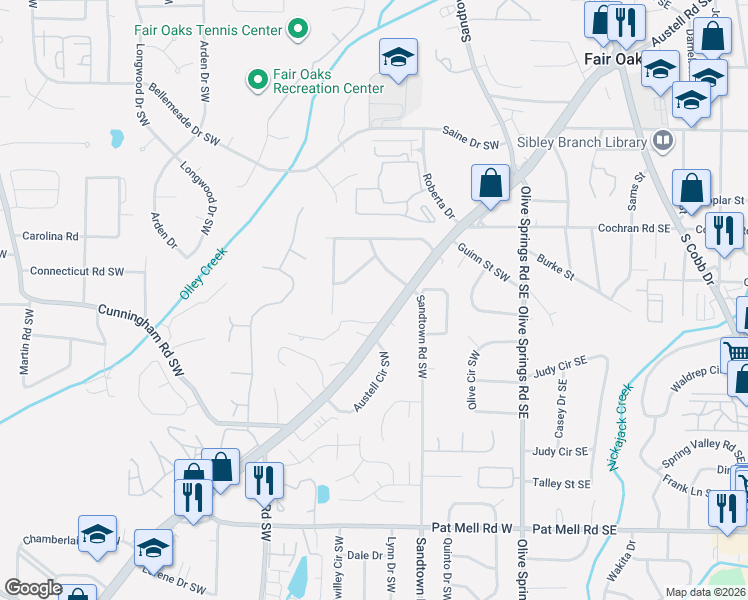 map of restaurants, bars, coffee shops, grocery stores, and more near 1772 Austell Road Southwest in Marietta