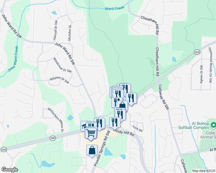 map of restaurants, bars, coffee shops, grocery stores, and more near 1715 Rifle Ridge Southwest in Marietta