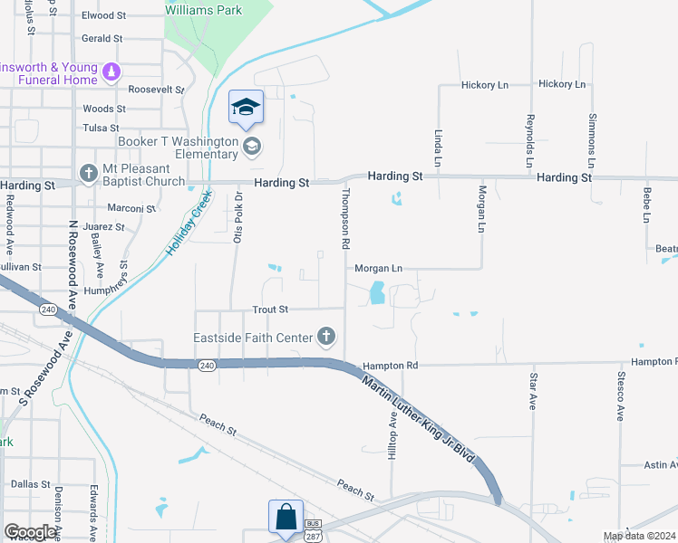 map of restaurants, bars, coffee shops, grocery stores, and more near 1119 Thompson Road in Wichita Falls