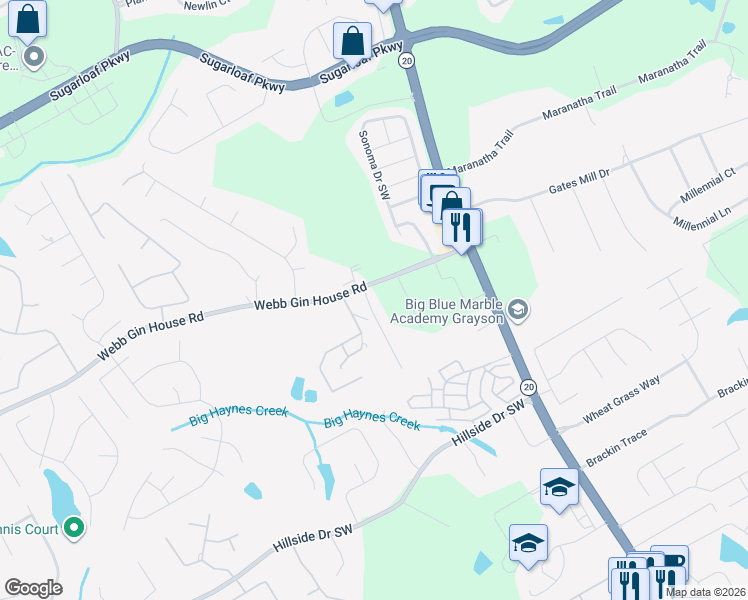 map of restaurants, bars, coffee shops, grocery stores, and more near 1410 Memory Way in Lawrenceville