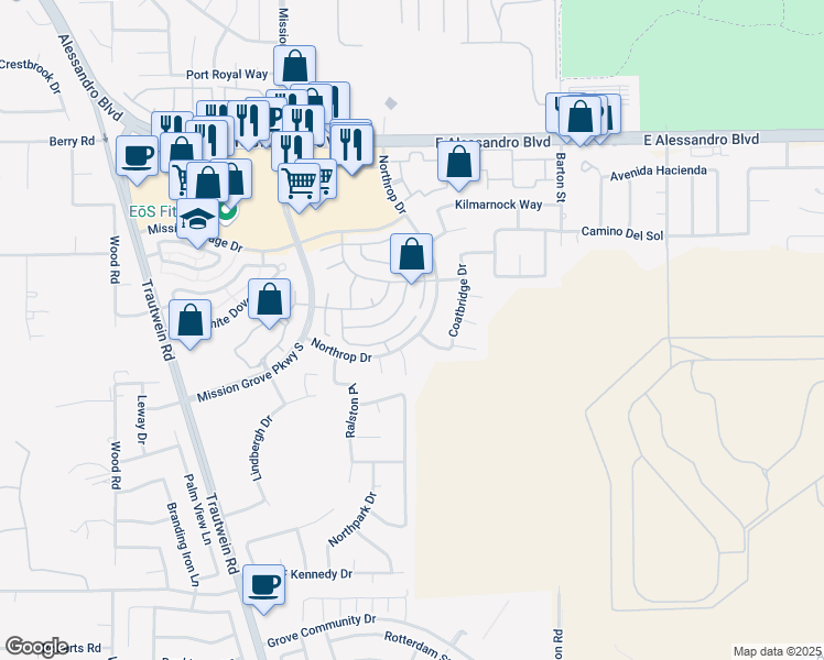 map of restaurants, bars, coffee shops, grocery stores, and more near 7360 Ayers Rock Road in Riverside