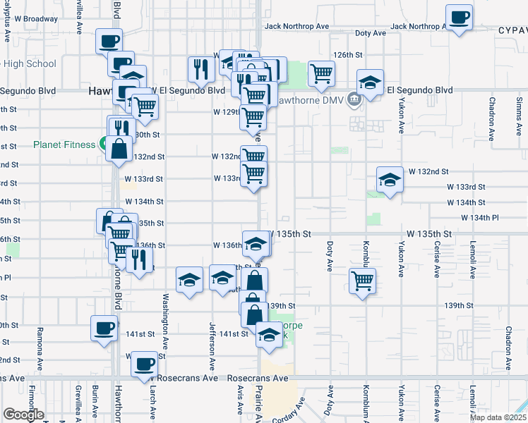 map of restaurants, bars, coffee shops, grocery stores, and more near 13413 Prairie Avenue in Hawthorne