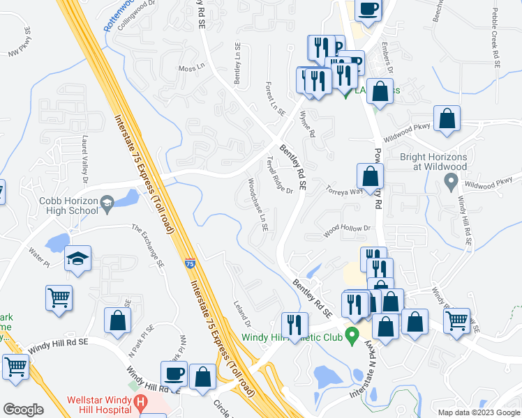 map of restaurants, bars, coffee shops, grocery stores, and more near 121 Woodchase Lane Southeast in Marietta