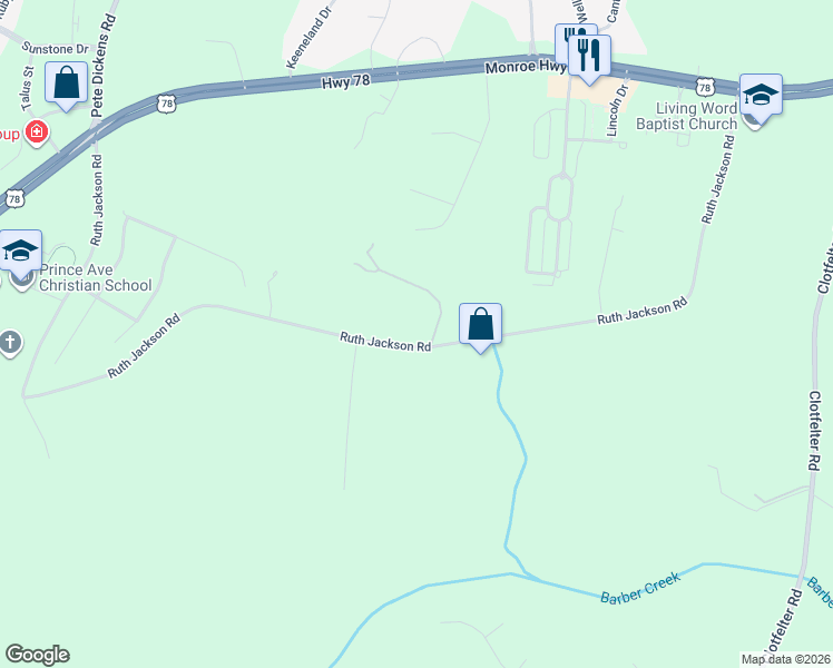 map of restaurants, bars, coffee shops, grocery stores, and more near 1580 Ruth Jackson Road in Bogart