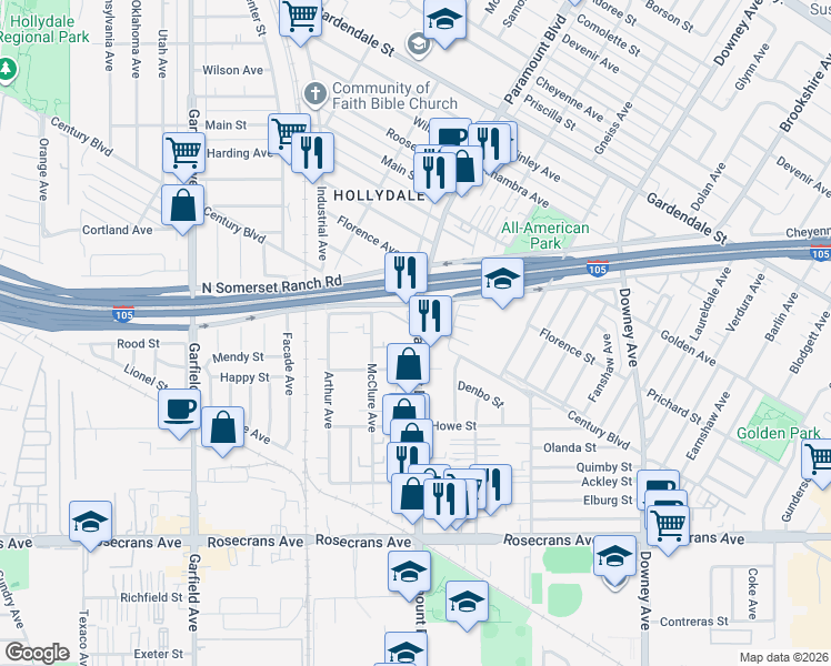 map of restaurants, bars, coffee shops, grocery stores, and more near 13801 Paramount Boulevard in Paramount